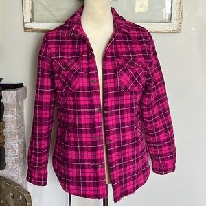 BIT & BRIDLE FLANNEL SHACKET SZ LG PINK PLAID SNAP CLOSURE POCKETS
